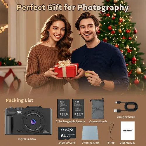 Miniatura 8 de Ourlife Cámaras para fotografía, 5K 75MP Autofocus Vlogging Cámara para YouTube con zoom de 18X, 3" 180° Flip Screen Selfie Digital Cámara compacta