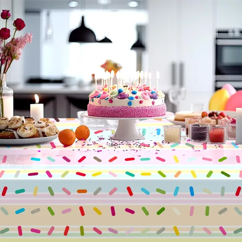 Miniatura 5 de Mindsoft 3 piezas de decoración de fiesta de cumpleaños con diseño de helado y sprinkles, mantel desechable con diseño de dona, mantel de plástico