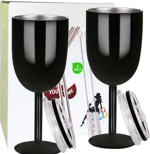 AMZUShome Copas de vino de acero inoxidable (paquete de 2). Vaso de vino de doble pared aislado al vacío con tapa y pajita. Amistad, Navidad, Negro