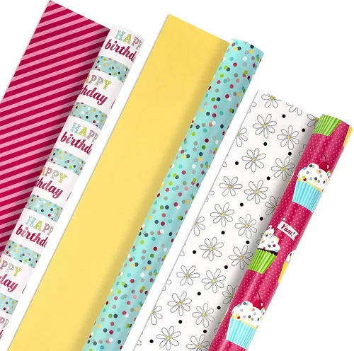 Hallmark Rollos de papel de regalo de cumpleaños, papel de regalo colorido, flores, cupcakes, rayas, lunares (juego de 3 rollos reversibles: 75 pies