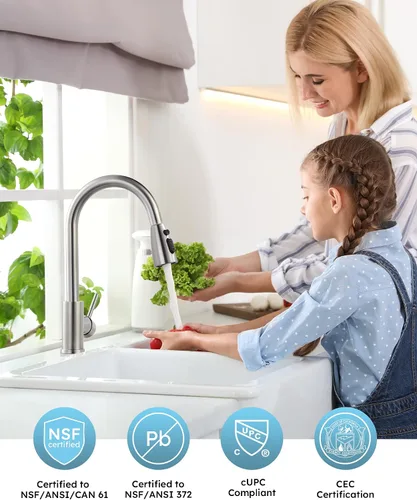 Miniatura 2 de WOWOW Grifo de cocina con rociador, grifo de fregadero de cocina, acero inoxidable SUS 304, grifo de cocina de níquel cepillado de arco alto