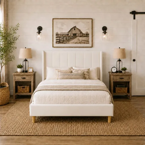 Miniatura 26 de Upholstered Bed Frame with Wingback Headboard and Wood Slats (Beige-Linen, Twin)