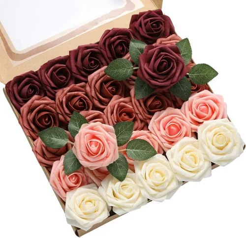 Miniatura 9 de DerBlue 60 rosas artificiales con tallo y 10 hojas verdes, rosas falsas de aspecto real, rosas artificiales de espuma para decoración de bodas