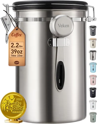 Miniatura 9 de Veken - Recipiente hermético para café de acero inoxidable, contenedor de almacenamiento de alimentos para la cocina con registro de fecha y cuchara