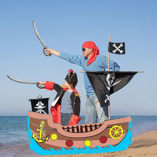 Miniatura 7 de Eaasty Colorear barco pirata de cartón, barco de cartón, casa de juegos para niños, manualidades, bricolaje, niños grandes, casa de juegos al aire
