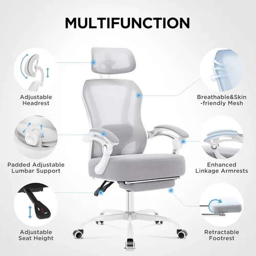 Miniatura 5 de Silla de oficina ergonómica con reposapiés, silla de escritorio reclinable ultra gruesa con soporte lumbar ajustable 2D y reposacabezas, cojín