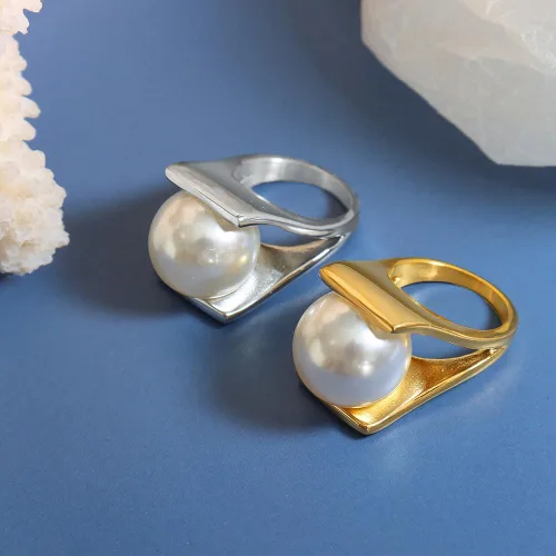 Miniatura 4 de OIDIMS Anillo de perlas exageradas de acero inoxidable chapado en forma de Y de oro blanco, estilo único, anillos grandes personalizados