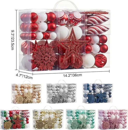 Miniatura 7 de Juego de 100 adornos de bolas navideñas - Surtido de adornos colgantes irrompibles para árbol con paquete de regalo reutilizable portátil para árbol