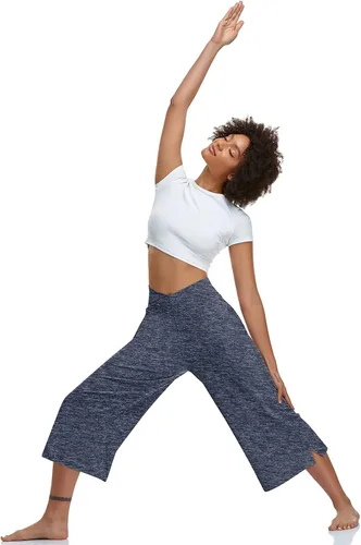 Miniatura 4 de TARSE - Pantalones capri de pierna ancha para mujer, pantalones de yoga casuales, cruzados, de cintura alta, sueltos, suaves, con bolsillos