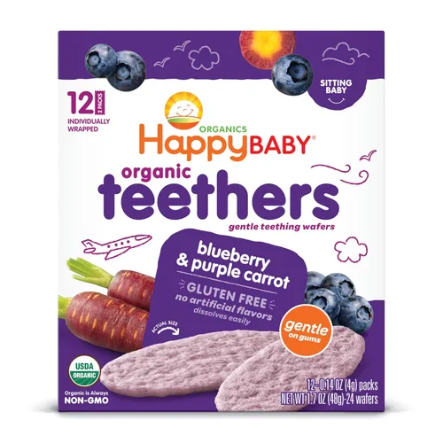Happy Baby Organics - Bocadillos para bebés, obleas suaves para la dentición, sin gluten y veganas, arándanos y zanahoria morada, 12 unidades
