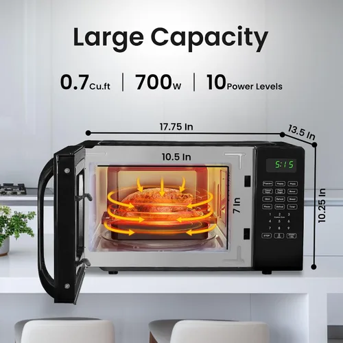 Miniatura 2 de Encimera de microondas pequeña de 0.7 pies cúbicos con pantalla digital, microondas de 700 vatios negro tiene 10 niveles de potencia y función