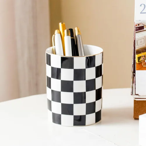 Miniatura 4 de Juego de 2 organizadores estéticos de escritorio para oficina, soporte para bolígrafos y dispensador de clips de papel, cerámica a cuadros, lindo
