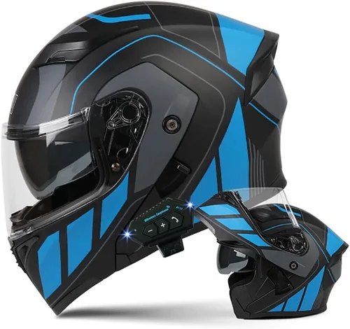 Miniatura 12 de Casco de motocicleta modular Bluetooth con aprobación DOT, antiempañamiento, doble visera, cara completa, abatible, con altavoz y micrófono