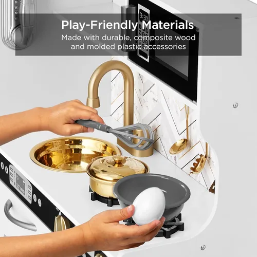 Miniatura 3 de Best Choice Products Juego de juguetes de madera de cocina para niños con diseño realista, teléfono, utensilios, horno, microondas, fregadero, bisel