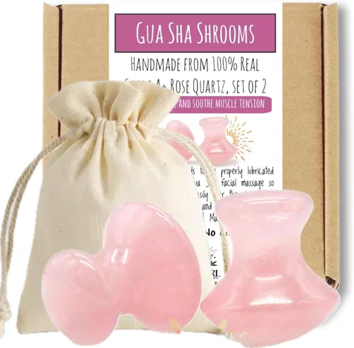 Este juego de hongos Gua Sha para niña hippie, herramienta de masaje para tonificación facial de cuarzo rosa y esculpir yoga, herramientas de
