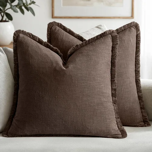 Miniatura 10 de MIULEE Juego de 2 fundas de almohada decorativas de lino neutro con flecos, fundas de cojín de estilo bohemio con borlas para sofá, cama, sala