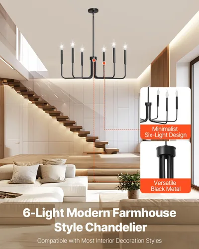 Miniatura 2 de VEVOR Candelabro de 6 Luces, Candelabro de Metal Estilo Granja, Altura Ajustable, Lámpara Colgante de Comedor para Techos, Candelabro Moderno