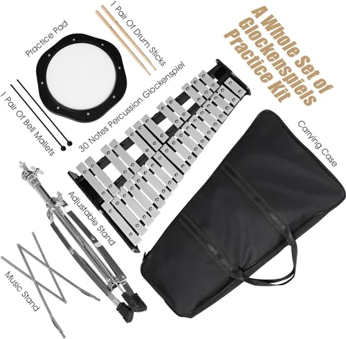 Miniatura 2 de Giantex Kit de Campanas de Percusión Glockenspiel de 30 Notas, Xilófono con Marco de Altura Ajustable, Atril Musical, Almohadilla de Práctica de 20