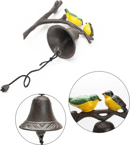 Miniatura 3 de Sungmor Campana de cena de hierro fundido, campana de puerta exterior de granja, campana colgante de pared, antiguo color encantador pájaros