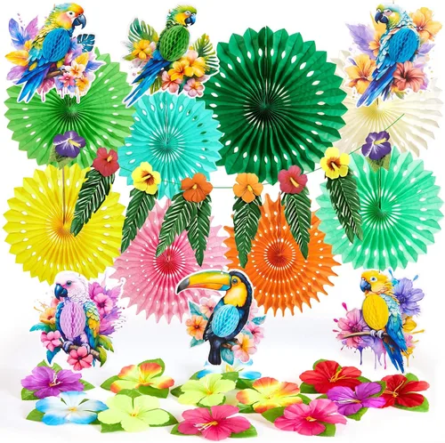 Miniatura 10 de Paper Jazz Decoraciones de fiesta hawaiana para cumpleaños, decoración de fiesta tropical para Tiki Bar, pancarta de Aloha con centro de mesa Luau
