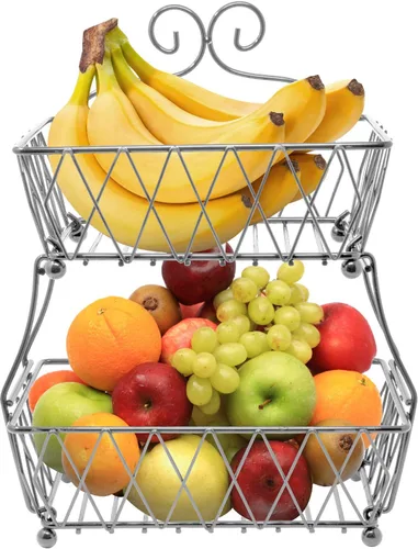 Miniatura 10 de Sorbus Soporte de exhibición de cesta de frutas, 2 niveles, para almacenamiento de verduras, frutas y pan para cocina, baño, rectangular de metal