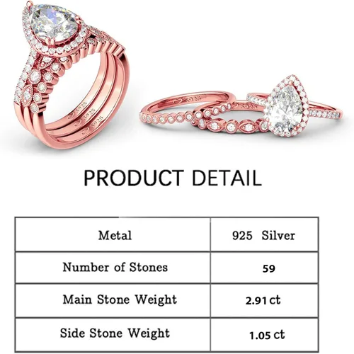 Miniatura 2 de Jeulia Juego de anillos de boda en forma de pera 3 piezas de plata de ley con corte de pera de halo de diamantes de oro rosa, anillo de boda