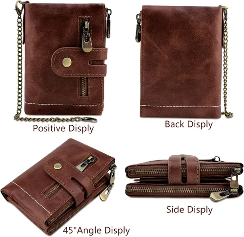 Miniatura 5 de iSamzan Billeteras de cuero para hombre, con bloqueo RFID, con doble cremallera, bolsillo para monedas con cadena antirrobo, carteras