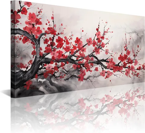 Miniatura 12 de Arte de Pared de Acuarela de Estilo Asiático Tradicional Chino Pájaro en Rama de Flor de Cerezo Roja Decoración Paisaje Floral Oriental Pintura