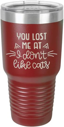 Miniatura 10 de Taza de viaje de acero inoxidable grabada con pajita y tapa superior deslizante, con texto en inglés "You LOST ME AT I DON'T LIKE CATS" Púrpura claro