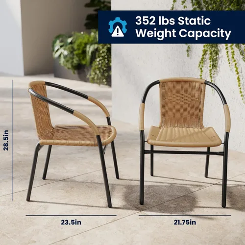 Miniatura 3 de Flash Furniture Lila Paquete de 2 Sillas Apilables de Ratán Beige para Restaurante Interior-Exterior
