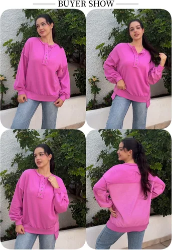 Miniatura 54 de AlvaQ - Sudadera de gran tamaño para mujer, informal, de manga larga, con botones y cuello Henley, tipo túnica