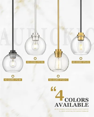 Miniatura 6 de Luces Colgantes para Isla de Cocina, 7" Luminarias Colgantes Negras y Doradas con Pantalla de Globo de Vidrio Transparente, Iluminación Moderna