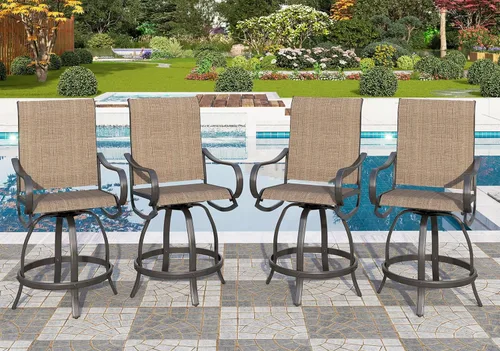 Miniatura 8 de PHI VILLA Juego de 2 taburetes de bar giratorios para exteriores, sillas de patio de altura de mostrador con tela textil impermeable, marrón, marco