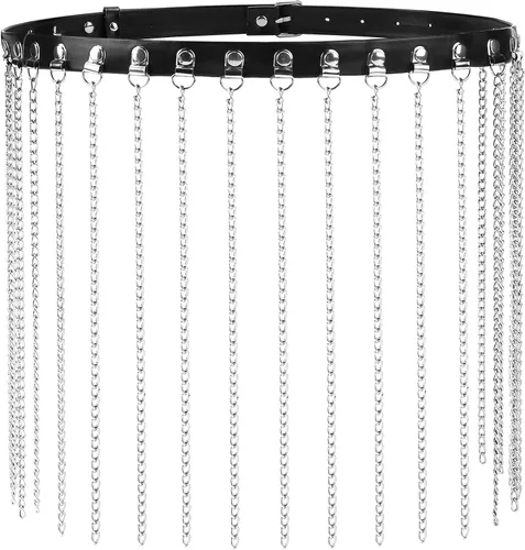 Miniatura 3 de Ayliss Cinturón de cadena de cintura punk para mujer, borla de metal, piel sintética, vintage, rockero, cinturón de vestir para jeans, pantalones