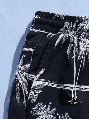 Miniatura 71 de GORGLITTER Conjunto de 2 piezas de camiseta gráfica de manga corta para hombre, estampado hawaiano con cordón y pantalones cortos