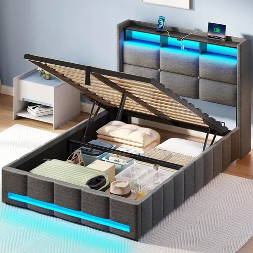 Miniatura 10 de Rolanstar Marco de cama tamaño completo con almacenamiento elevable, estación de carga y luces LED, cabecera tapizada con almacenamiento, listones