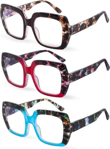 Miniatura 2 de Paquete de 3 lentes de lectura con bloqueo de luz azul para mujeres y hombres, anteojos de lectura de gran tamaño con bisagra de resorte, lectores