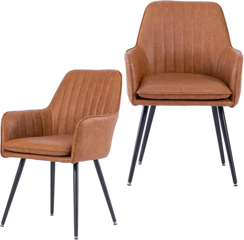 Juego de 2 sillas de comedor de piel sintética, moderna, con respaldo medio y patas de metal, cómoda silla tapizada para sala de estar, restaurante,