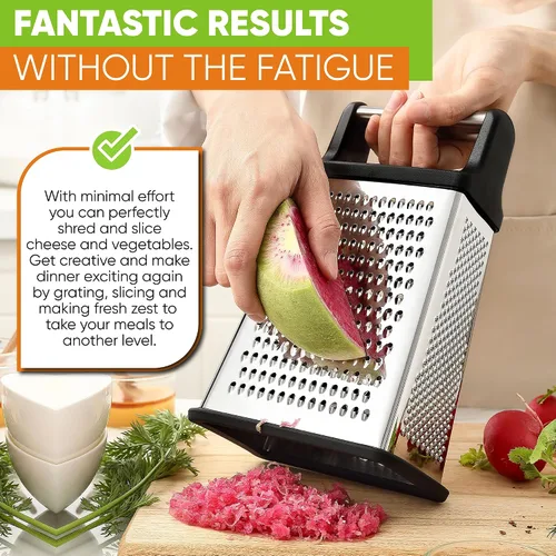 Miniatura 7 de Spring Chef Rallador Profesional de Queso - Acero Inoxidable, Tamaño XL, 4 Lados - Rallador de Caja Perfecto para Queso Parmesano, Verduras, Negro