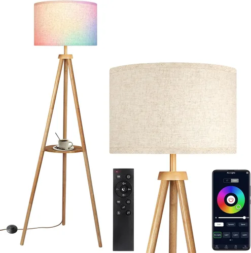 OUTON - Lámpara de pie con trípode y estantes, lámpara de pie de madera de mediados de siglo regulable con control remoto, 4 temperaturas de color,
