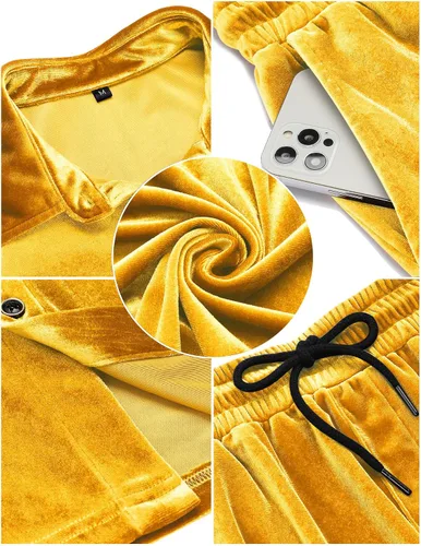 Miniatura 46 de LecGee Conjunto de pantalones cortos casuales de verano para hombre, camisa de terciopelo de manga corta con botones, pantalones cortos de cintura