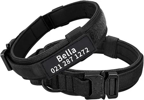 Collar táctico militar personalizado para perro con asa, etiquetas de nombre de mascotas personalizadas para perros medianos y grandes para Negro