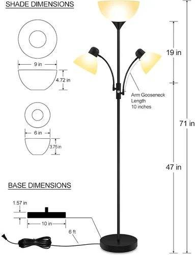 Miniatura 6 de Lámpara de pie negra, lámpara de pie, lámparas de pie de 71 pulgadas de alto para sala de estar, interruptor de 3 vías, pantalla de lámpara
