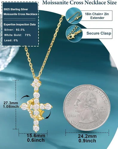 Miniatura 5 de YIMERAIRE Collar de Cruz Corona de Moissanita Mejorado Oro Vermeil de 14K 1.1 Quilates Delicado Helado Joyería de Cruz de Fe Cristiana Plata de Ley