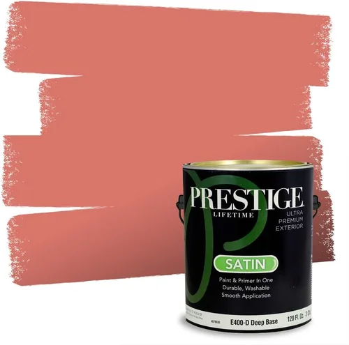 Miniatura 253 de Prestige Paints E100-T-SW6591 Pintura exterior e imprimación en uno, 1 galón, plano, combinación comparable de Sherwin Williams Amaryllis, 1 galón