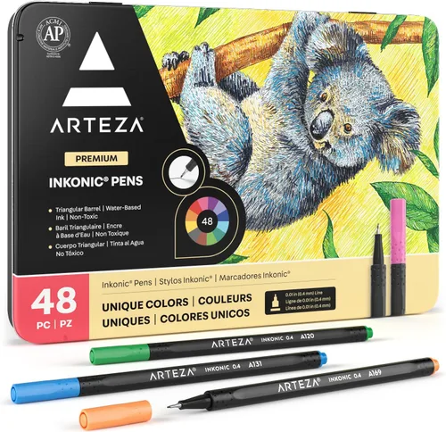 ARTEZA - Plumones finos Inkonic, juego de 48, marcadores de punta fina de 0.4 mm, plumones de arte a base de agua para dibujar, hacer bocetos,