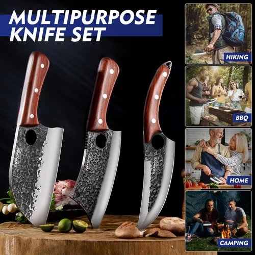 Miniatura 3 de Topfeel Juego de cuchillos de carnicero de 3 piezas, cuchillos de chef serbios forjados a mano y cuchilla de carnicero y cuchillos vikingos, juego
