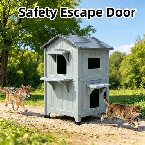 Miniatura 7 de Casa para gatos al aire libre, casas de 2 pisos al aire libre para gatos salvajes, refugio exterior de plástico, resistente a la intemperie
