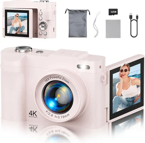 Cámara digital 4K para fotografía, cámara de videoblogs de 50 megapíxeles para YouTube, cámaras compactas con pantalla giratoria de 2.8" de 180°,