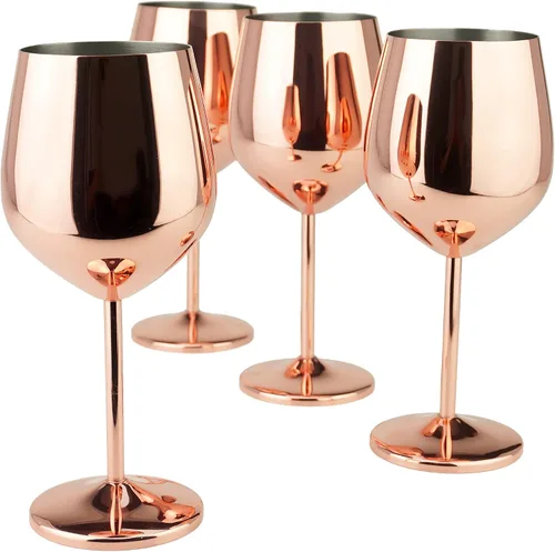 PG Juego de copas de vino de acero inoxidable con tallo de cobre y oro rosa, 4 – 18.5 oz Plateado oscuro